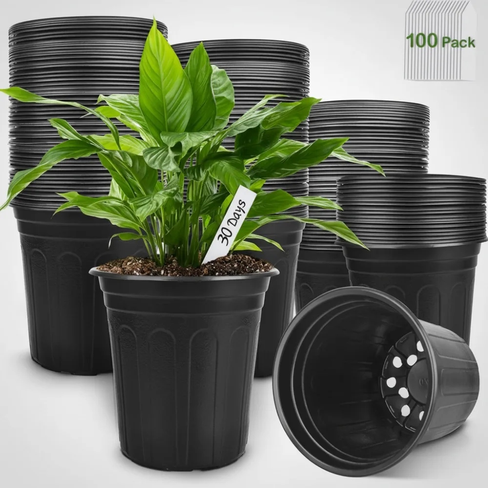 

100 Pack 1 Gallon Plastic Plant Pots with Drainage Holes, 6.7 Inch Nursery Flower Pots for Succulents Seedlings Gardening