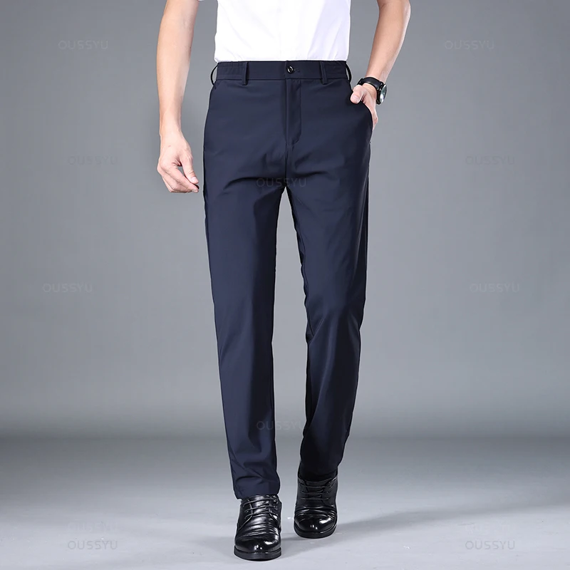 Summer Good Stretch Smooth Trousers Men Business Elastic Waist Korean Classic Thin Black Gray Blue Brand Casual Suit Pants Male