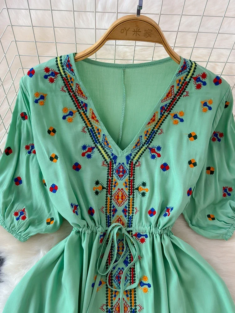 Ethnic Style Dress Summer New Style Embroidered Drawstring Mini Dress Bohemian Beach Dress A109