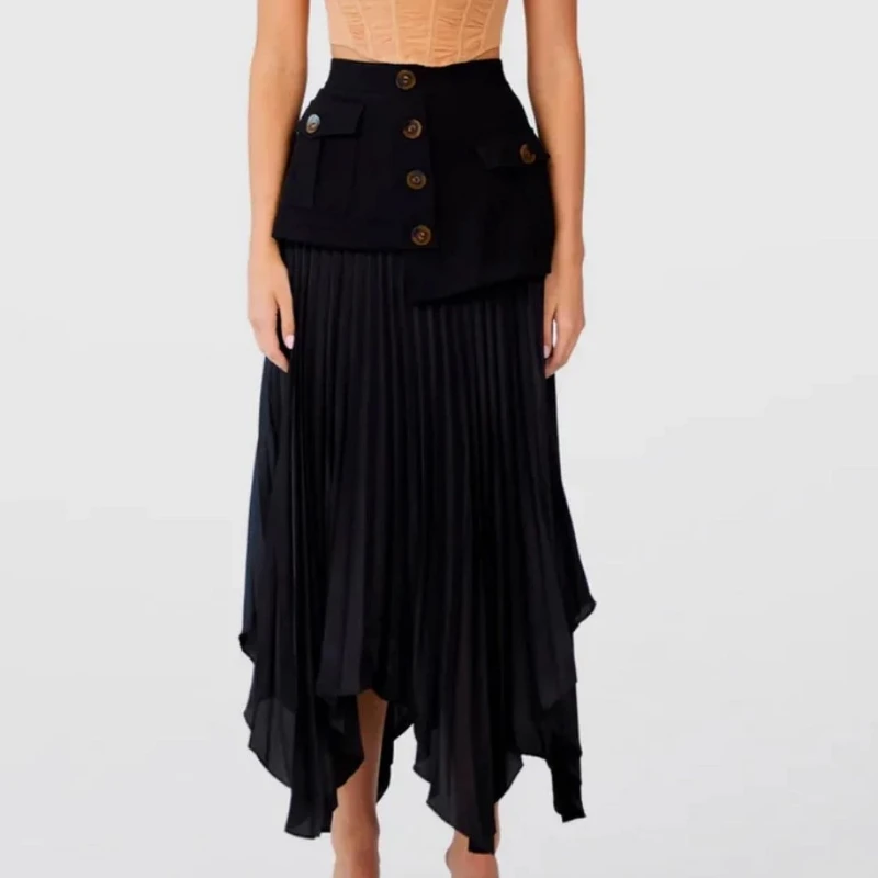 2024 New Half Skirt Irregular Chiffon Panel Pleated Multi button Pocket Long Half Skirt  Fashion Long Dress Casual Party Club
