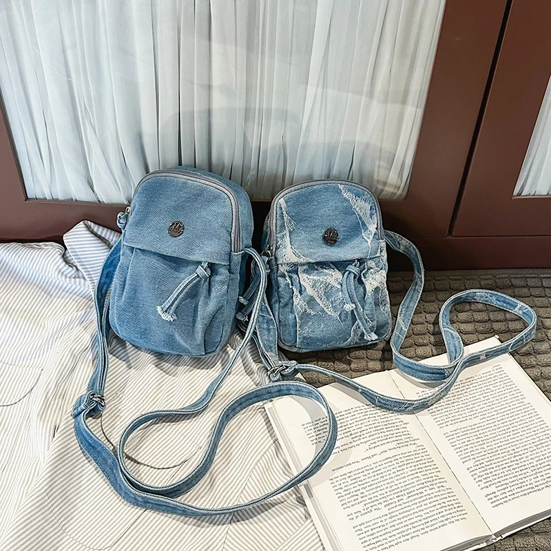 Vintage Washed Denim Mini Crossbody Phone Bag Drawstring Pocket Small Shoulder Purse Long Strap Casual Daily Bag Denim Styles