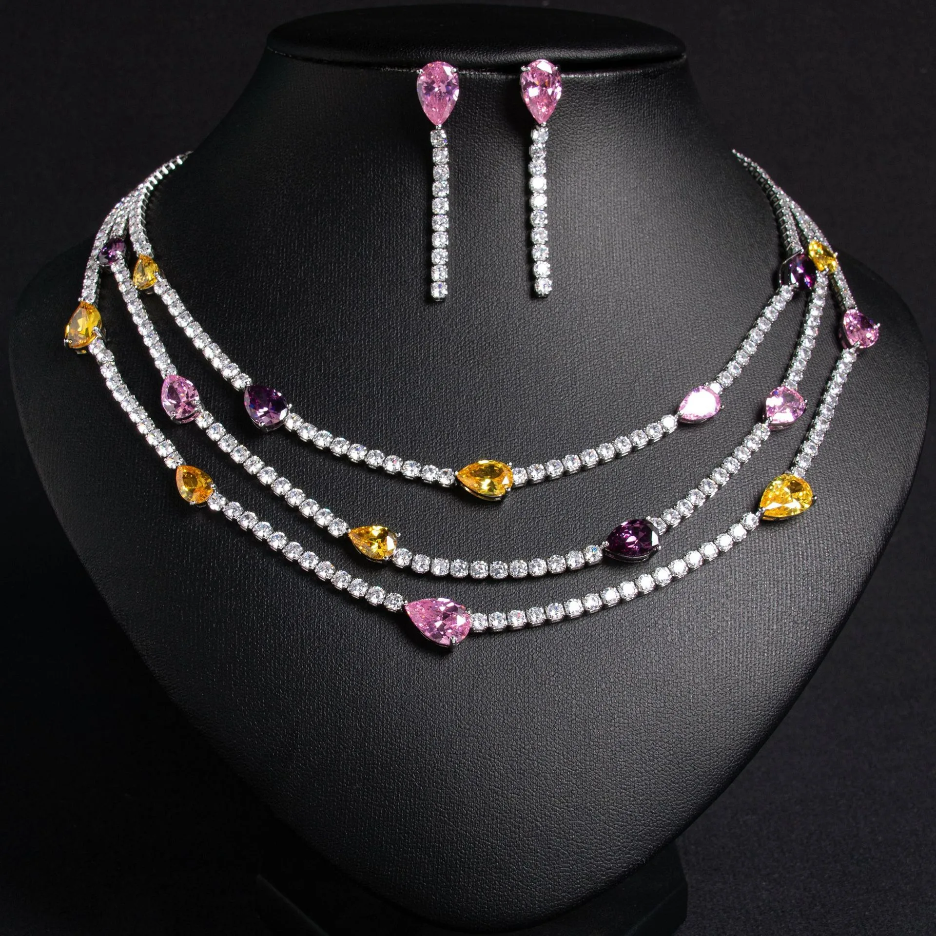 Vintage Court Full Paved CZ Teardrop 2Pcs Jewelry Set Multi-Layer Necklace Drop Earrings Light Luxury Women Holiday Present