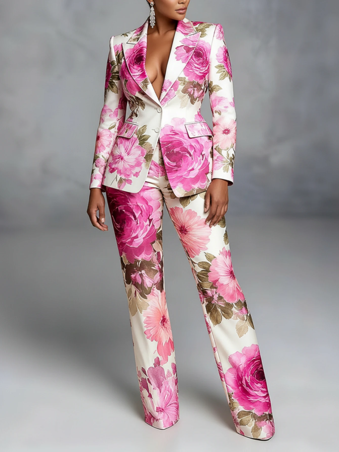 Women'S Formal Wear Pants - 여성용 노치드 라펠 긴소매 프린트 블레이저