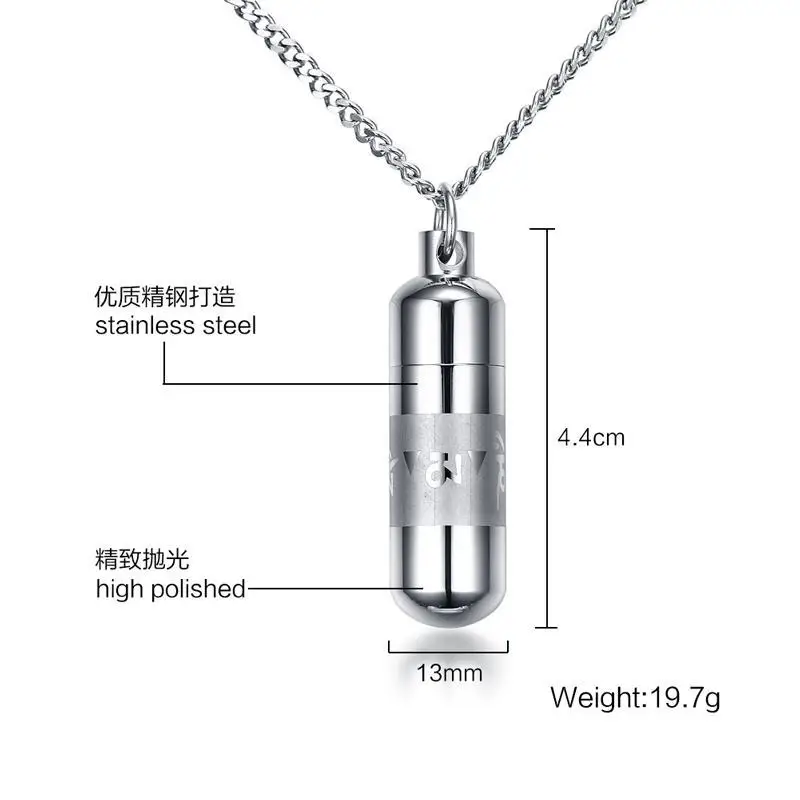 Stainless Steel Buddhism Surangama Mantra Pendant Necklace Sanskrit Amulet Necklace Six Words Ashes Urn Men Storage Case Jewelry