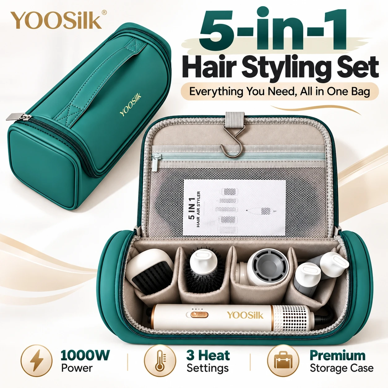 YOOSilk 5 in 1 Hair Styler Auto Wrap Hair Curler 1000W Hot Air Brush Hair Dryer with 3 Heat Settings and Storage Bag