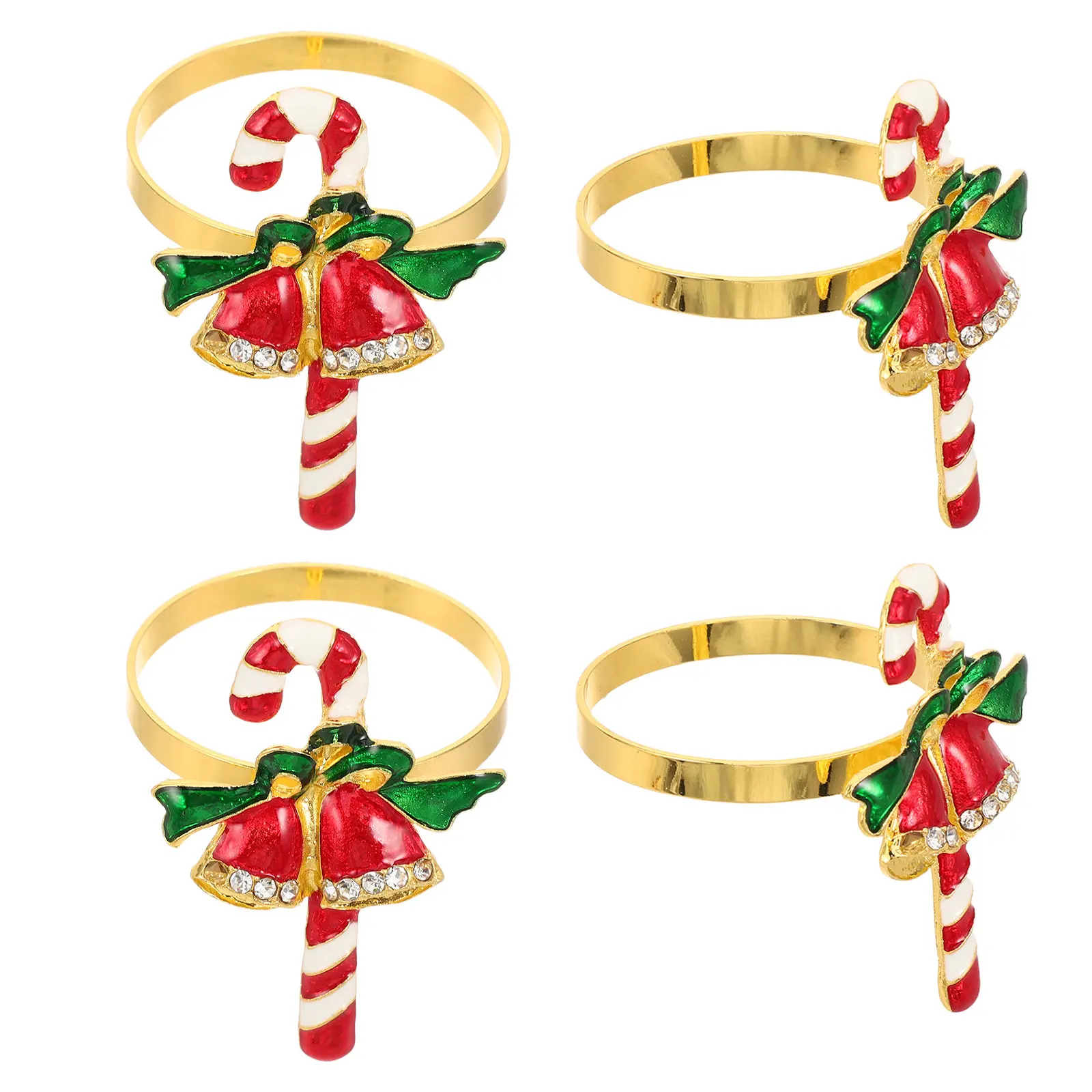 4Pcs Christmas Candy Cane Metal Napkin Buckles Rhinestone Napkin Rings Xmas Dinner Party Table Decor Wedding Banquet Accent