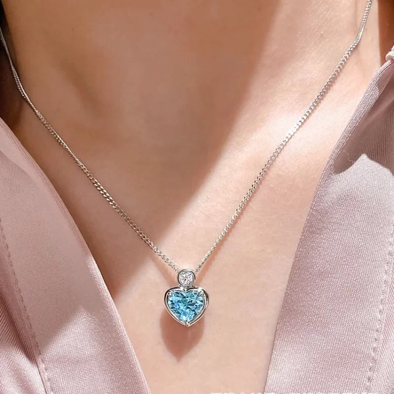 Imitative 2CT Light Blue Diamond Crystal Cz Sea Blue Heart Pendant Necklace,  Valentine's Day party Jewelry Best Gift for Her