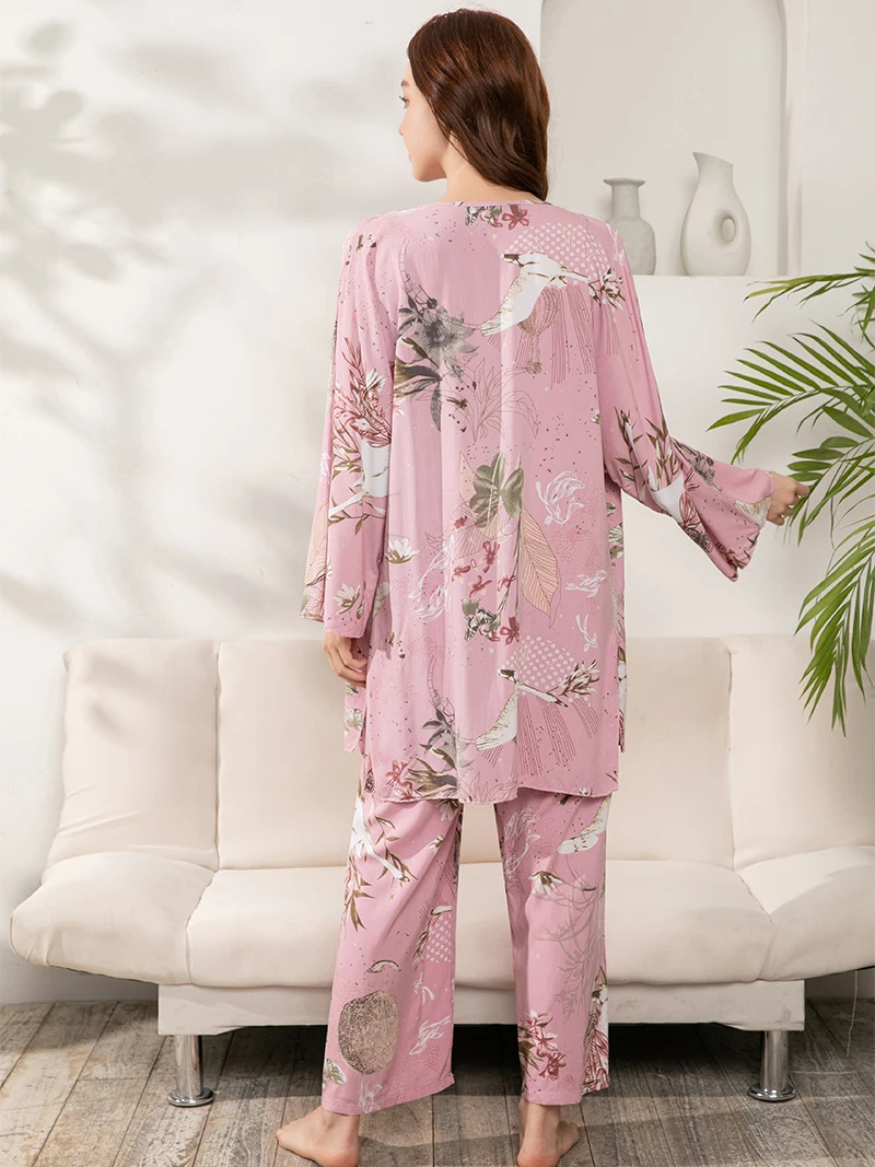 Plus Size S-3XL Ladies Pajamas Set 3pcs 100% Viscose Printed Women Comfort Loose Homewear Large Size Femme Sleepwear Pijamas