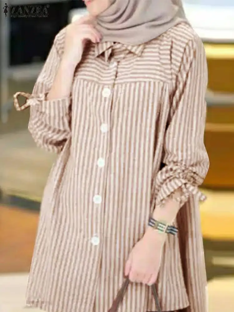 

2023 ZANZEA Fashion Women Vintage Striped Blouse Casual Loose Muslim Tops Islamic Clothing Autumn Lapel Neck Long Sleeve Shirt