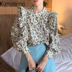 Kimotimo Print Stitching Ruffled Puff Sleeve Shirt Women Korean Chic Stand Collar Loose Lady Tops Spring Vintage Sweet Blouse