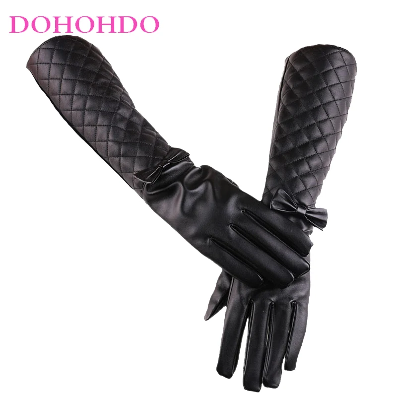 

Cross-border 42CM Leather Gloves Ladies Touch Screen Extended Autumn And Winter Rhombic Butterfly Design Warm Black PU Gloves