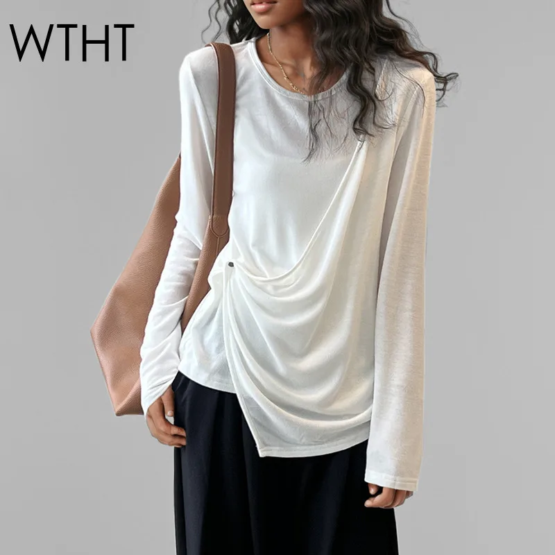 

WTHT New Trendy Women's Irregular Design O-neck T-shirt 2025 Spring Fashion Long Sleeve Solid Color Elastic Tops Female 1LS822