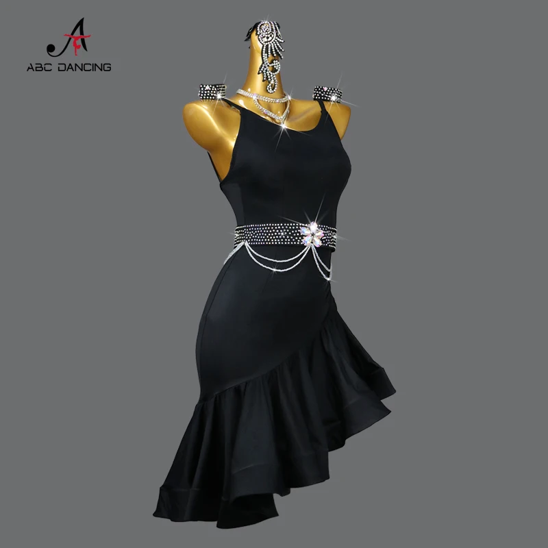 2024 Black Latin Dance Competition Dress Practice Wear Sexy Adult Ballroom Skirt Senior Sports Line Suit Prom Costume Customized