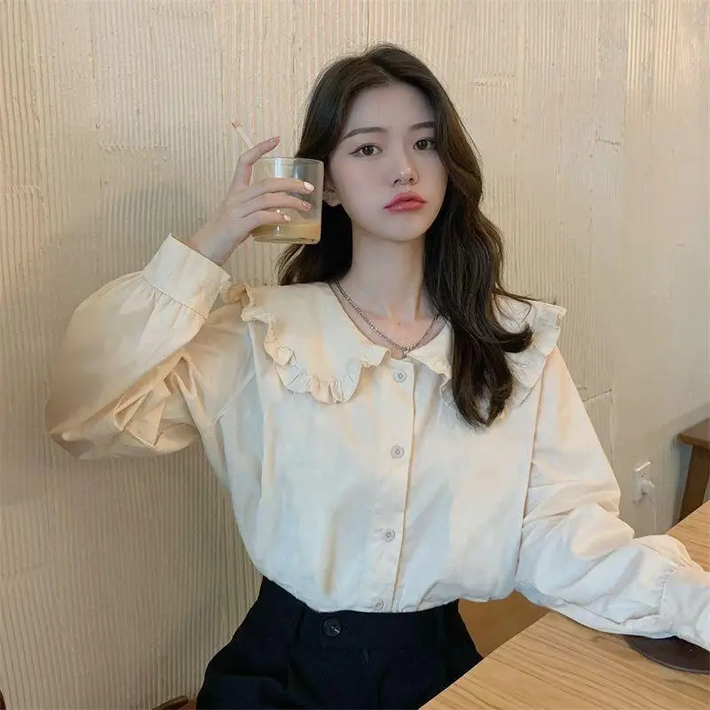 2023 Autumn New Korean Style Loose French Minority Design Sense Niche Doll Collar Shirt Top for Women All-Matching