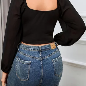 Dünne Tops mit weiblicher Ärmel aus der Schulter, gut einstellte sexy Hemden, mit Spitze, V -Neck, Monochrom, Plus Größe, modisch 10 Hauptverkäufe Black Plus Size Bluse - №3