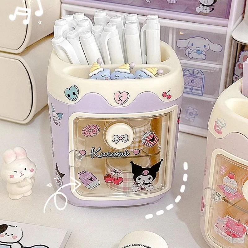 Miniso Sanrio Desktop Storage Box Kids Stationery Pen Holder Kuromi Cinnamoroll Melody Sticker for School Storage Organizer Gift