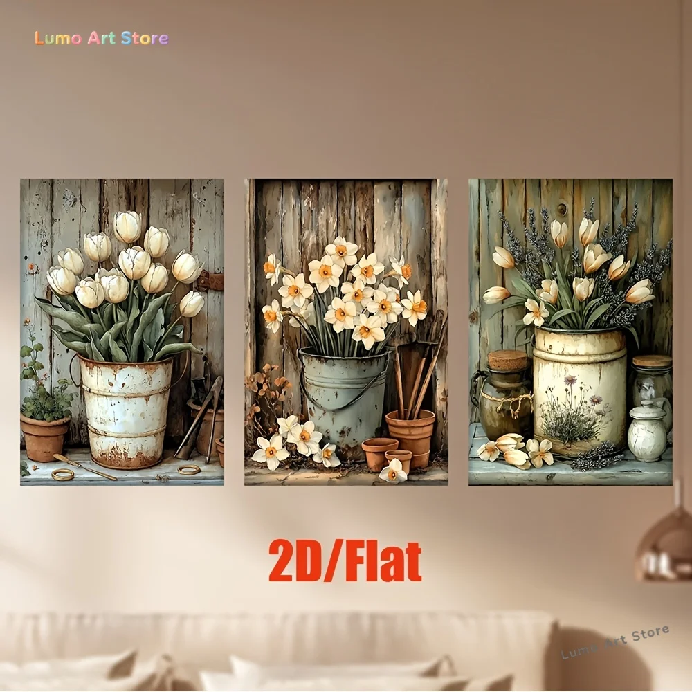 3pcs/set, 2D Flat Canvas painting--Unframed, European vintage flowers, Artist Drawing Set, living room, library, office, cafe
