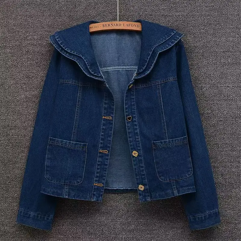 

Fashion Doll Collar Denim Jacket Women New Spring Autumn Korean Single-Breasted Cowboy Coat Female Casual Jeans Outerwear Ladies