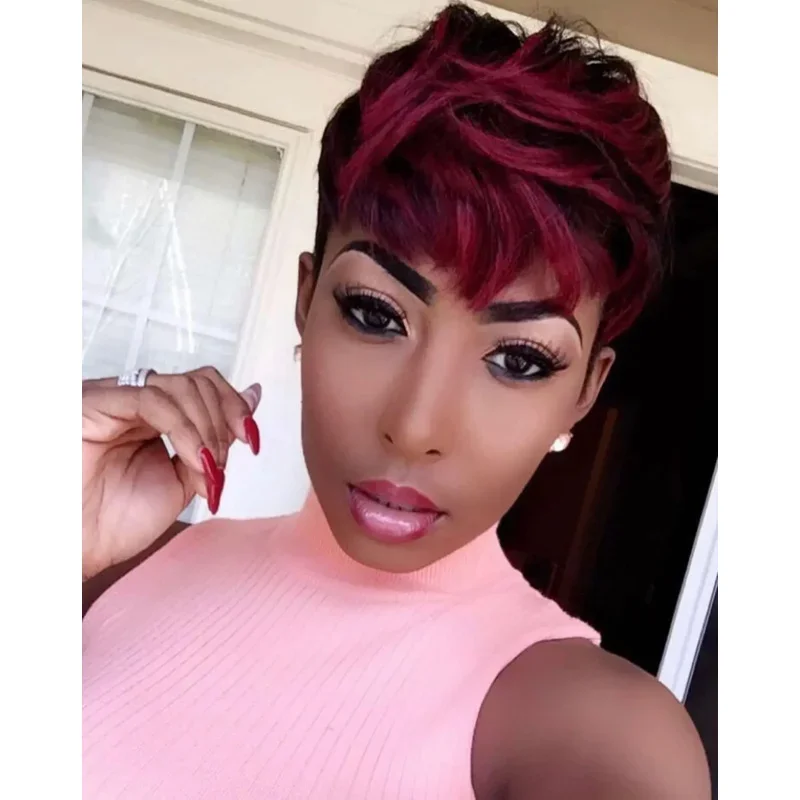 BeiSDWig باروكات صناعية مقاومة للحرارة للنساء أسود/أبيض شعر مستعار أسود قصير مع غرة بورجوندي مختلطة تسريحات الشعر الملونة E