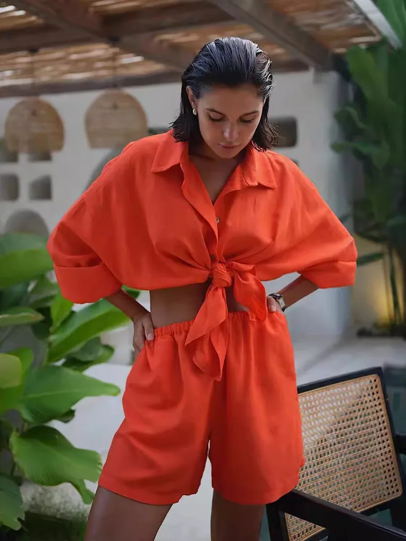 

Long Sve Casual irt orts Set Women's Polyester Fiber Collar Two-Piece Summer Outfit Comfortable Breathable Clothing