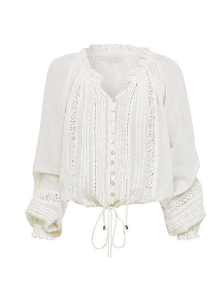 Spring 2023 Long Sleeve Casual Shirt French Style White Loose Hook Flower Hollow Single Breasted Cotton Women Blouses Tops