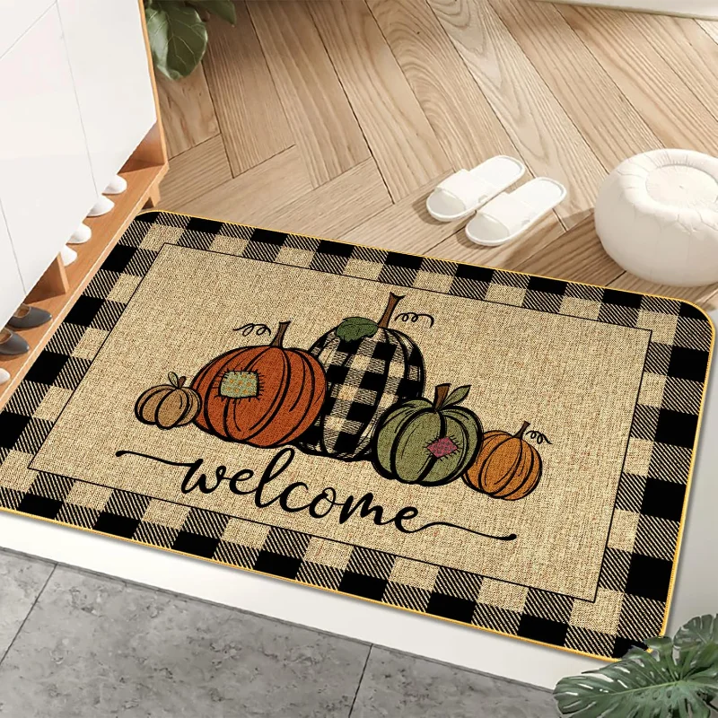 VIKAMA Outdoor Fall Welcome Pumpkin Mat Buffalo Check Plaid Non Slip Farmhouse Thanksgiving Front Door Decor Rug