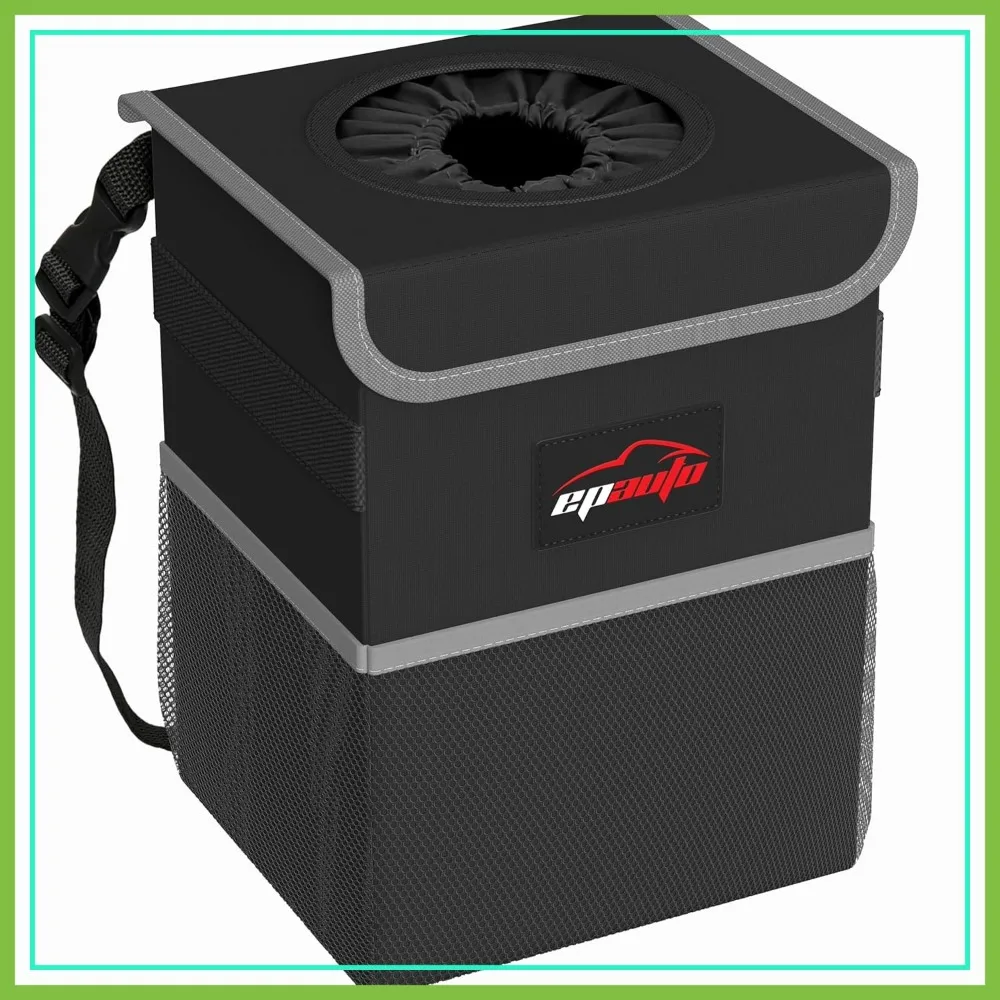 

2.5 Gallon Car Trash Can with Lid, Waterproof Leak-Proof Interior, Storage Pockets, Black
