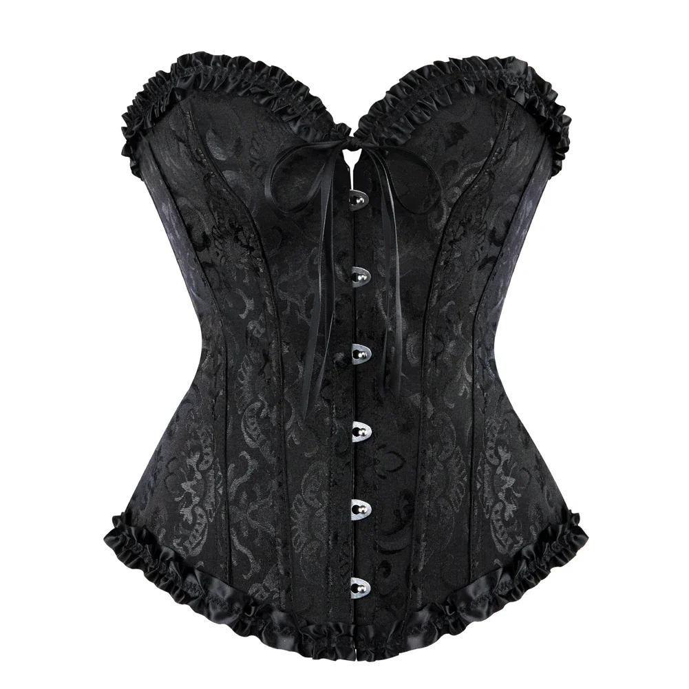 Satin Lace Up Corset Tops Overbust Jacquard Floral Bustier Sexy Corsets Gothic Gorset Plus Size 7XL Busk Korsett For Women