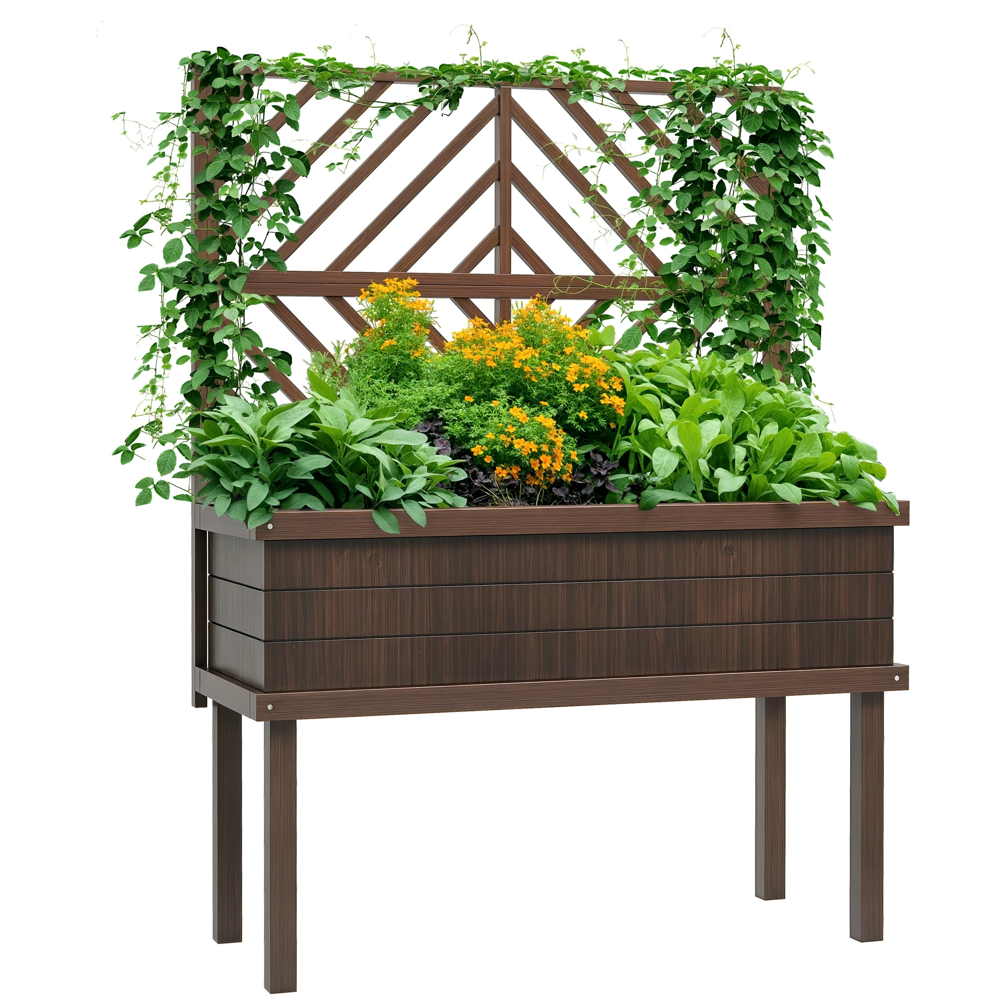 Outsunny Elevated Garden Planter with Climbing Plant Support (Carbonized Material)