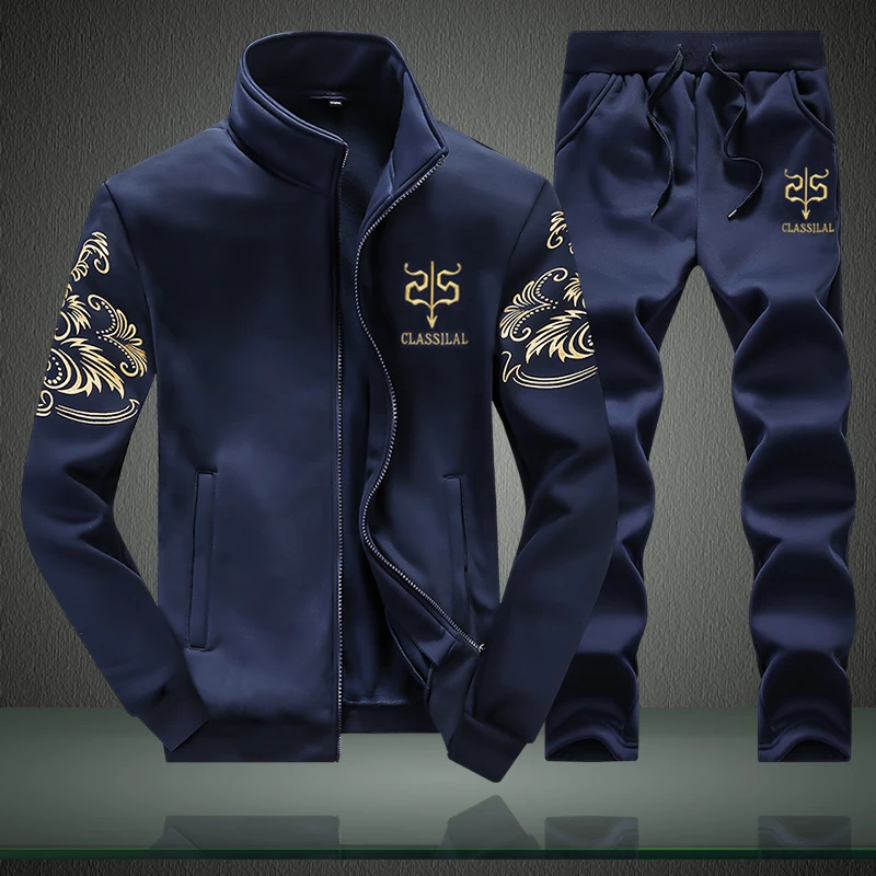 Plus Size Men 2 Pieces Tracksuit Golden Floral Print Stand Collar Zip Up Jacket Drawstring Jogger Pants Sports Outfit