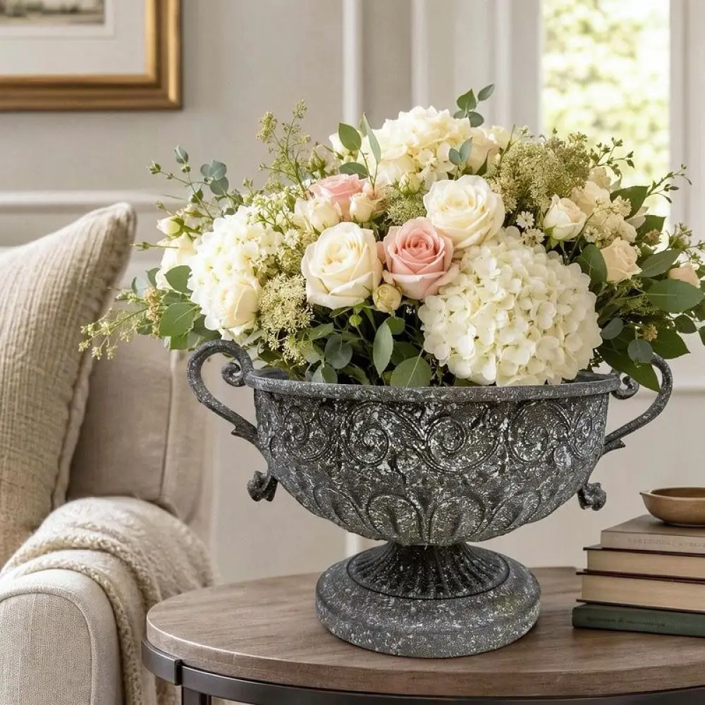 Rustic Farmhouse Iron Flower Vase Distressed Grey Metal Pot Dual Handle Plant Holder For Garden Patio Home Indoor