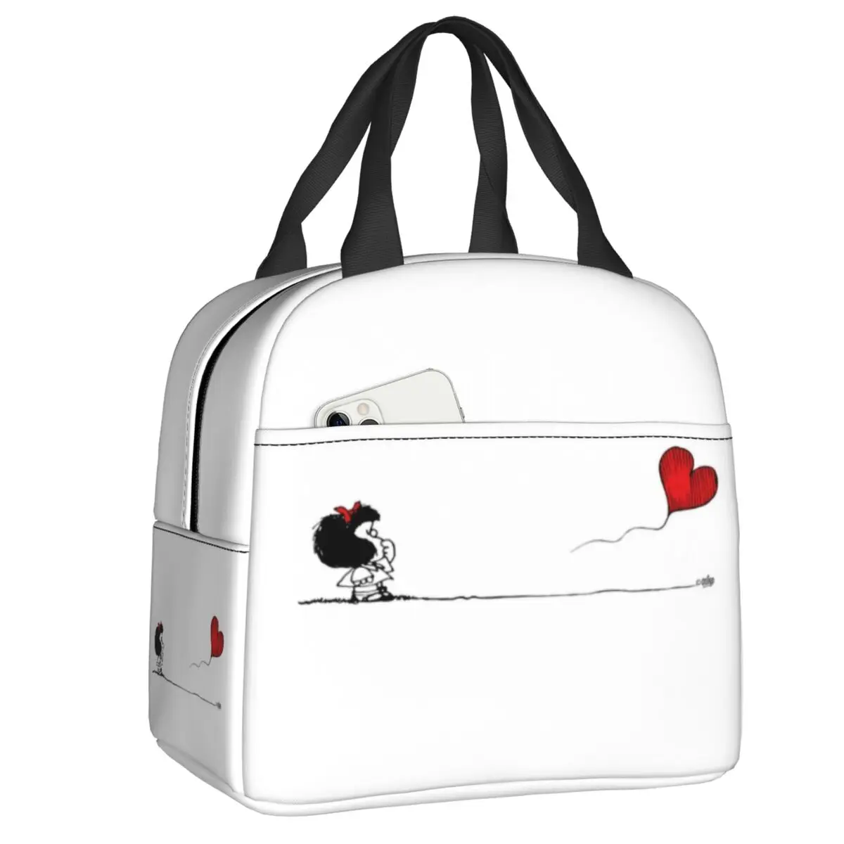 

Custom Mafalda Balloon Heart Portable Lunch Box Women Leakproof Quino Manga Cartoon Thermal Cooler Food Insulated Lunch Bag Work