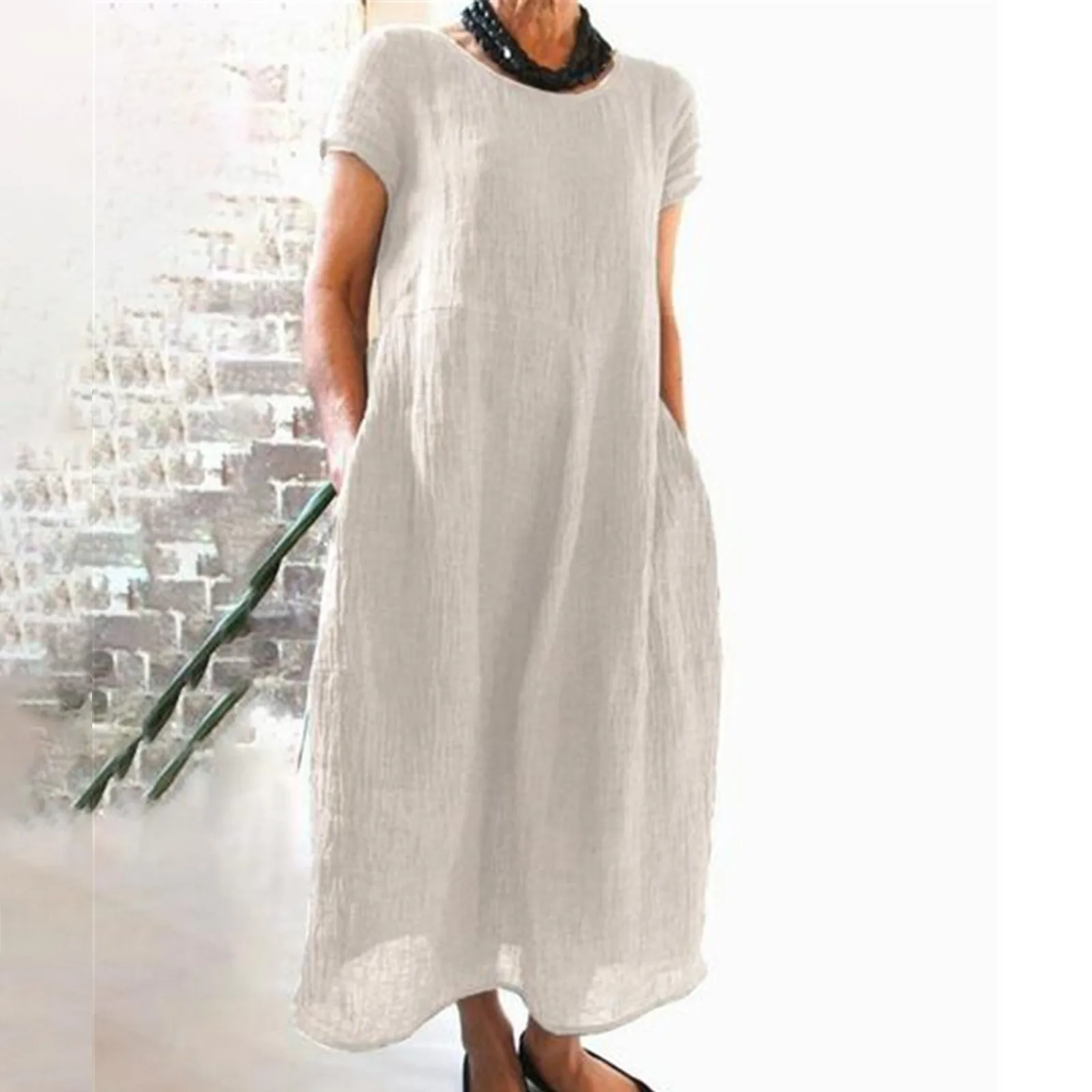 Women Summer Dresses Loose Casual O Neck Linen Cotton Tunic Shirts Dresses 2024 Holiday Beach Fashion Pockets Long Robes