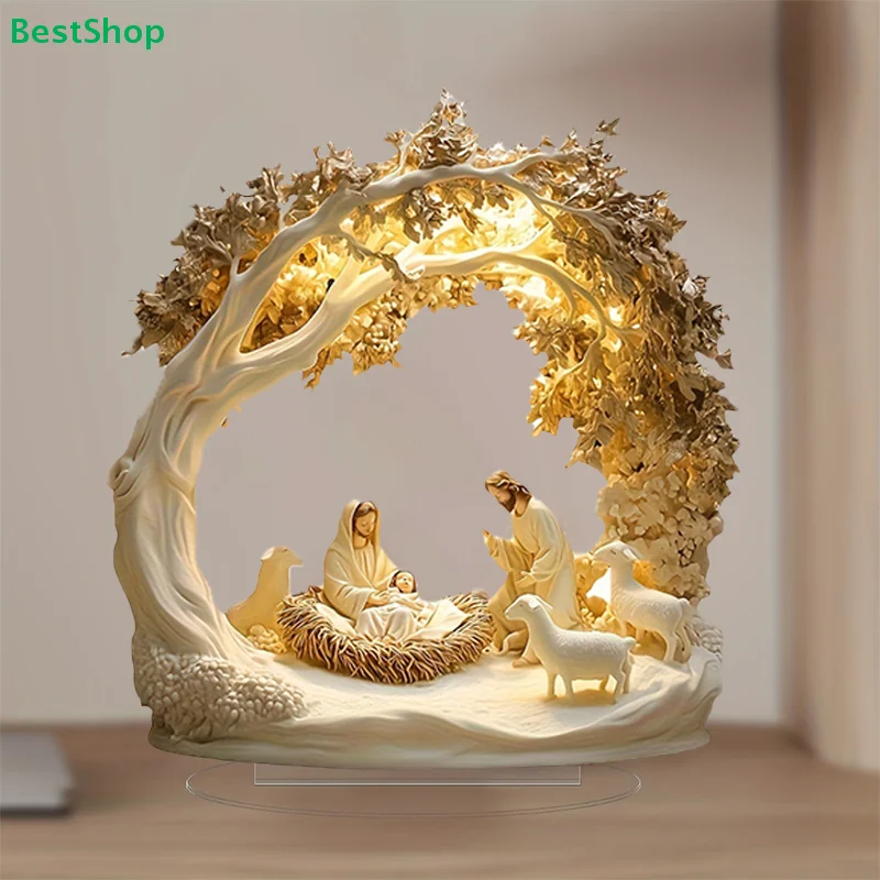♥ ديكور طاولة مشهد المهد-تمثال ولادة يسوع للعائلة المقدسة مع قوس شجرة وأغنام، هدية ديكور عيد الميلاد المسيحي #4