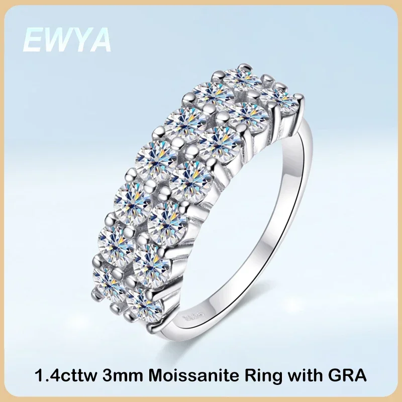 EWYA GRA Certified 1.4CT 3mm Moissanite Diamond Ring for Women S925 Sterling Silver Half Enternity Engagement Rings Wedding Band