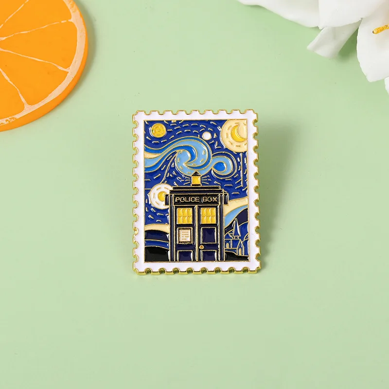 Van Gogh Starry Night Enamel Pin Police Box Alloy Brooch Fashion Famous Painting Style Denim Jacket Badge Jewelry Gift for Frien