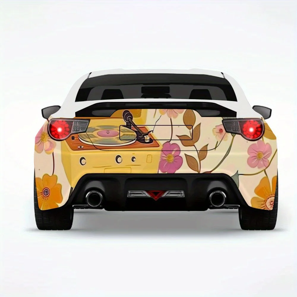 Vintage Record Player With Flowers Car StickerVinyl Decal for Car Rear, Waterproof Self-Adhesive Vinyl Stickers for Vehicle Tail