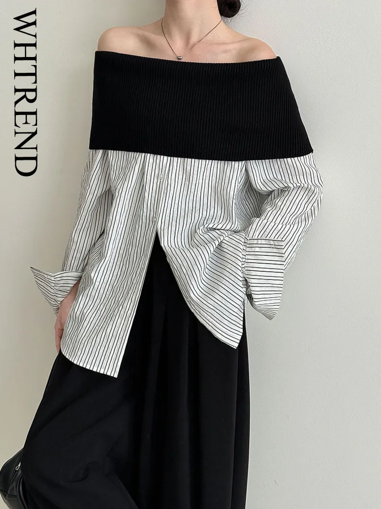 

WHTREND Корейский стиль, уникальная полосатая рубашка с открытыми плечами и длинными рукавами для женщин, элегантный топ, новинка осени 2021, WH1553