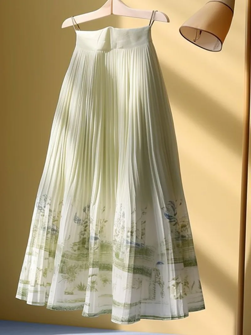 

New Chinese Style Elegant Printed Skirt Women High Waist A-line Casual Loose Folding Fashion Skirts Summer Women's Clothing