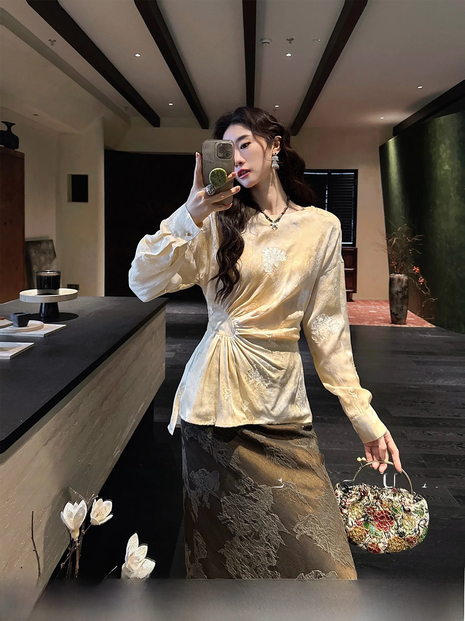 

Sanji Bla Flower Women's irt Spring 2026 New Sle Silk Dyed Long Sve Tie Waist Floral Print Gown for Commute