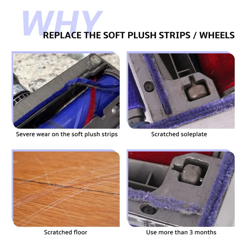 Cubierta lateral de cepillo de rodillo estable + tiras de felpa suaves + accesorios de eje y rodillo delantero para herramienta de aspiradora Dyson V6 V7 V8 V10 V11