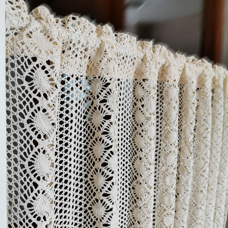 Handmade Hollow Lace Tassel Cotton Linen Kitchen Short Curtains Crochet Beige Valance Cafe Kitchen Door Window Drapes Cortinas