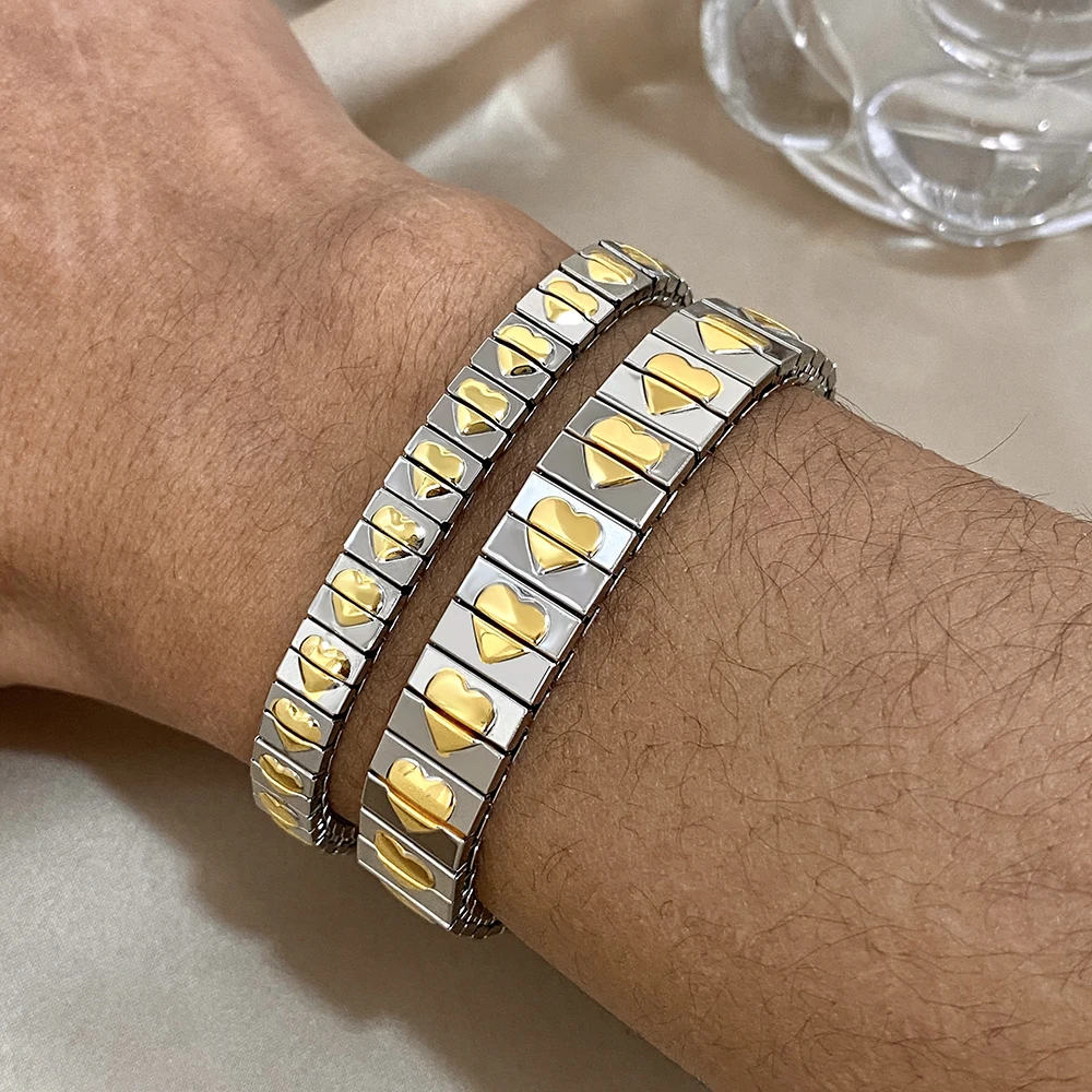 Vintage Stainless Steel Elastic Chunky Bracelets for Women Men Golden Star Heart Adjustable Watchband Bangles Waterproof Jewelry
