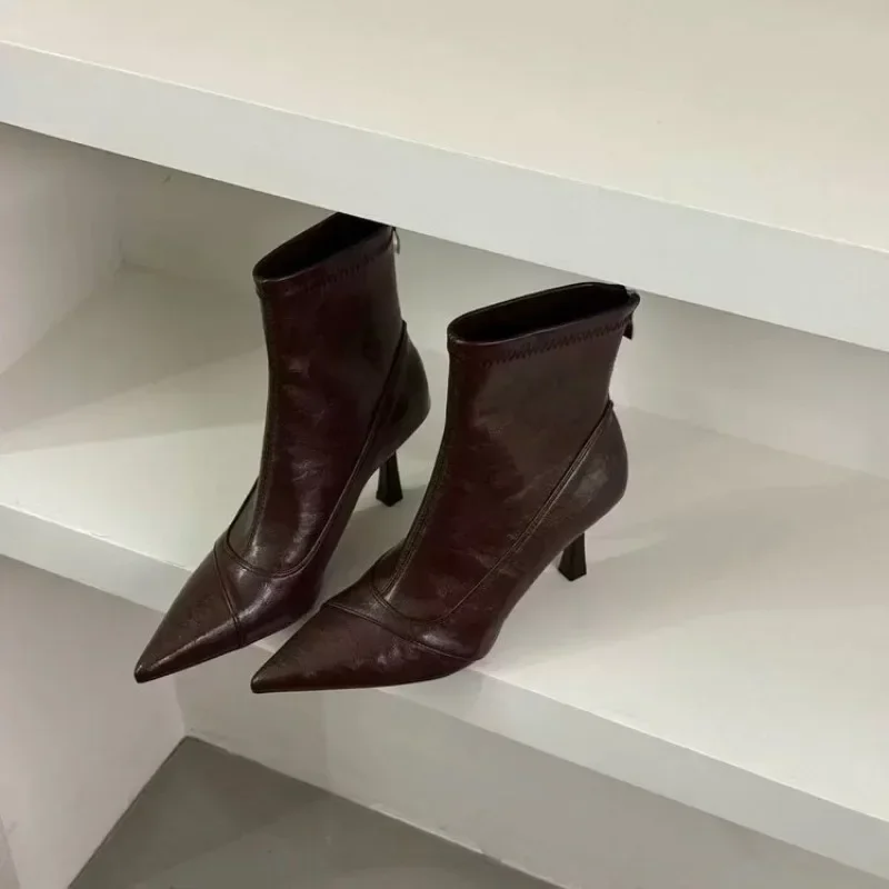 

new fashion women Versatile Pointed Toe Booties for Women's Autumn and Winter New Niche Slim Zipper Stiletto High Heels