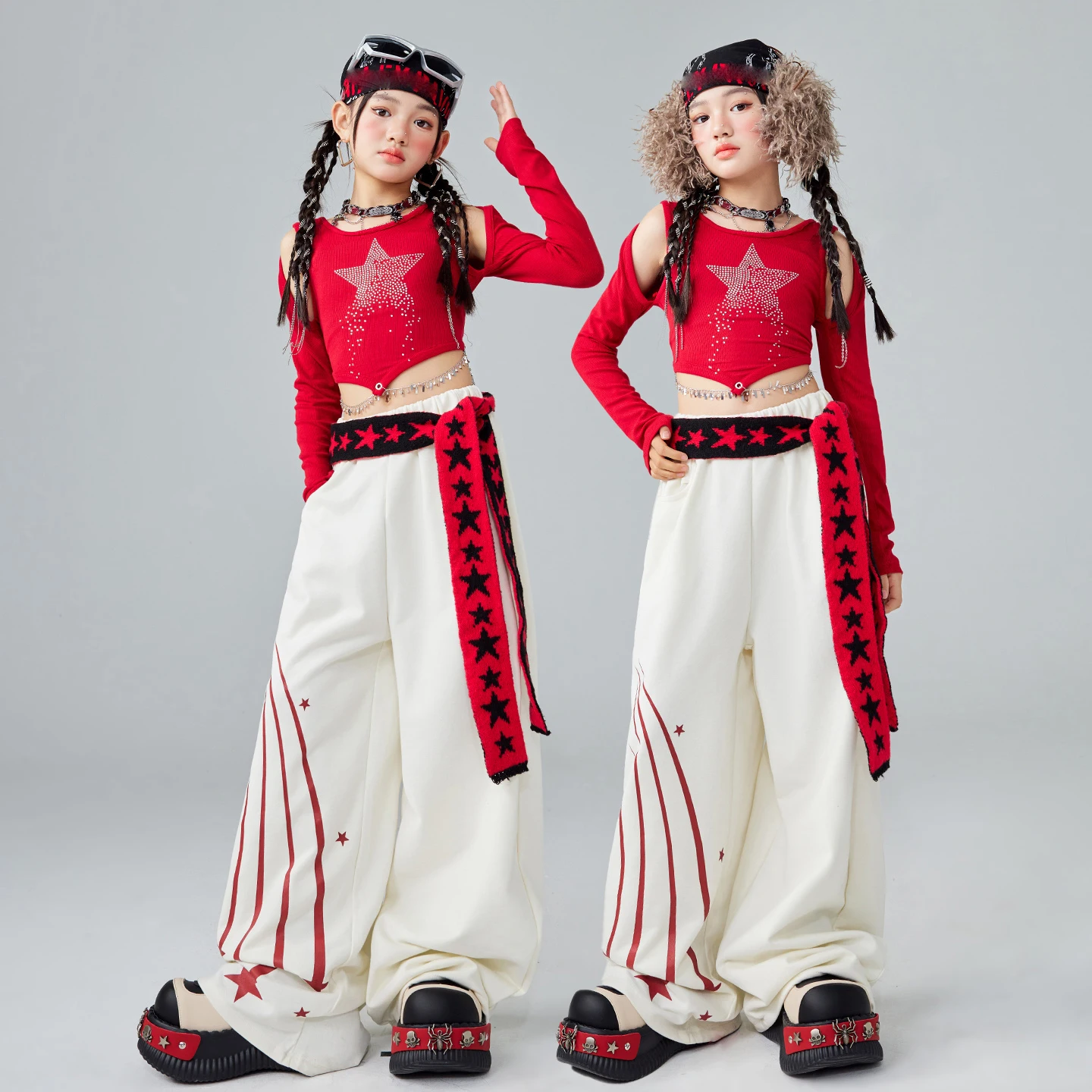 

2026 Jazz Dance Performance Costumes For Girls Red Crop Tops White Loose Pants Kpop Outfits Children Hip Hop Stage Wear DQS21701