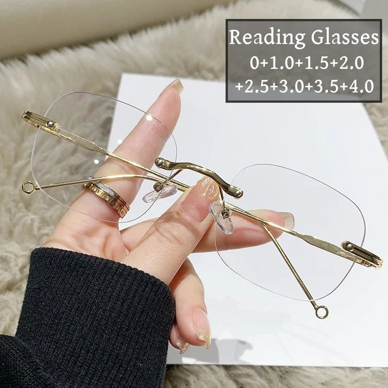 

Ladies Luxury Designer Rimless Presbyopia Glasses with Diopter Vintage Diamond-cut Anti Blue Light Men Finished Reading Eyewear