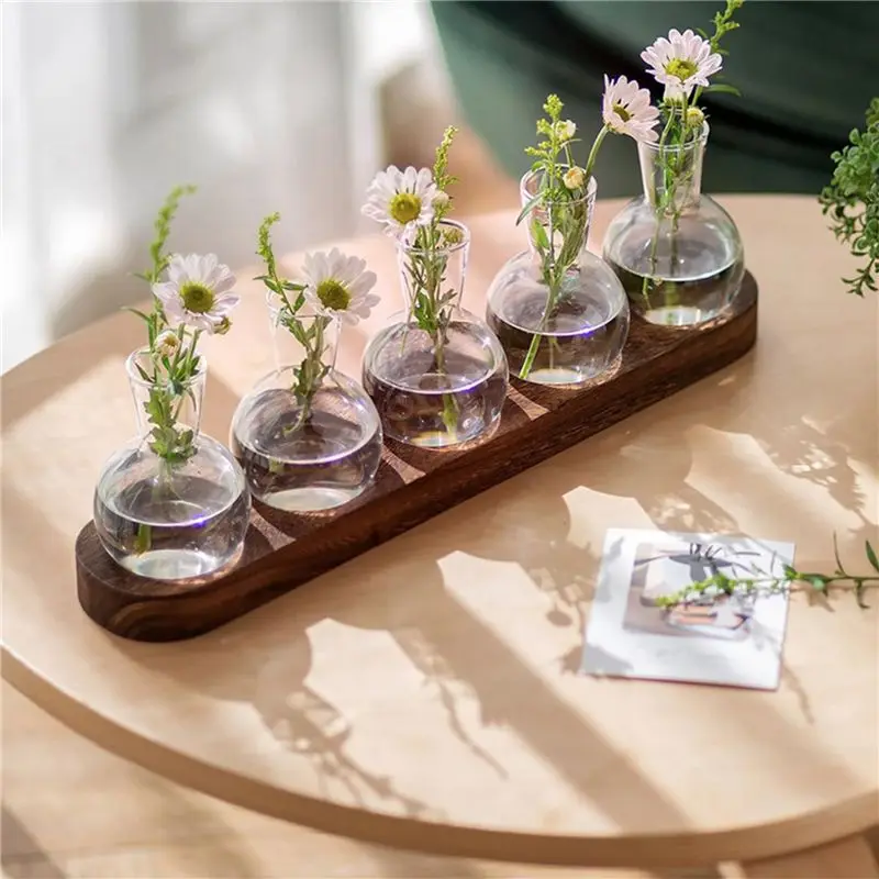 AB33-2X Plant Terrarium Propagation Station, Glass Planter Bulb Vase With Wooden Tray, Modern Bud Vases