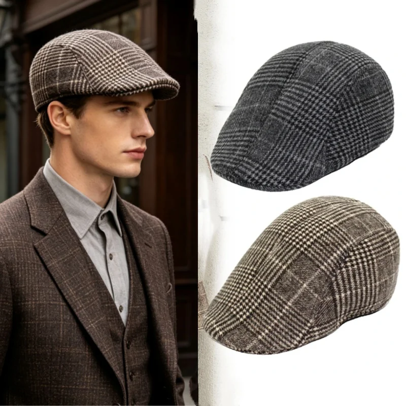 Rerto Britischer Stil für Herren, Herbst und Winter, warm, kariert, kariert, bedruckt, Baseballmütze, Zeitungsjunge, Maler, Baskenmütze, Gentleman, Cabbie, flache Kappe