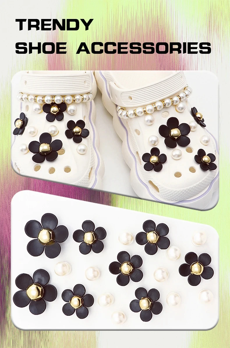 Modisches 1-Set mit Perlen, schwarzen Blumen, Schuhanhänger, Sandalen, Charms, Dekorationsset für Kinder und Frauen, Loch-Schuhzubehör, Neu – Detail 1