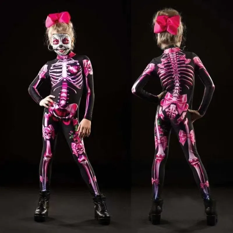 

Halloween Girls Ghost Bride Jumpsuit Printed Skeleton Rose Zipper Women's Dressup Costume Horror Theme Party ParentChild Costume